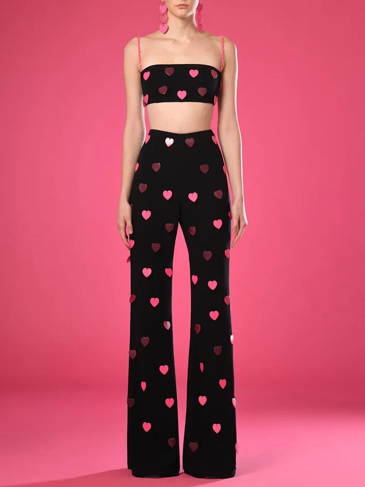 2025 New Spring Women Sexy Sleeveless Heart Sequined Strap Tops Straight Women's set Girls' Birthday Party Fashion Wear S