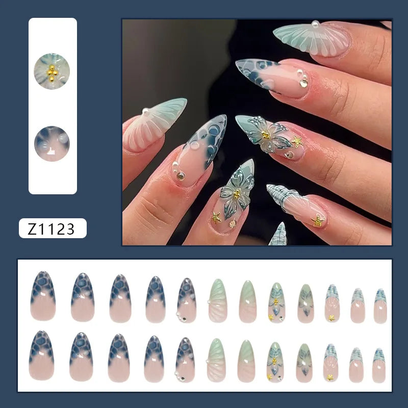 24pcs Pink Flower Press on Nails Ins Sweet Petals Print False Nails for Girl Wearable Reusable Fashion Almond Fake Nail Tips 6