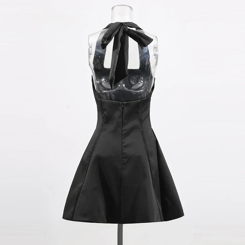 Solid Slimming Fashion Mini Dresses for Women Halter Neck Sleeveless Patchwork Bow Tunic Elegant Dress Female New