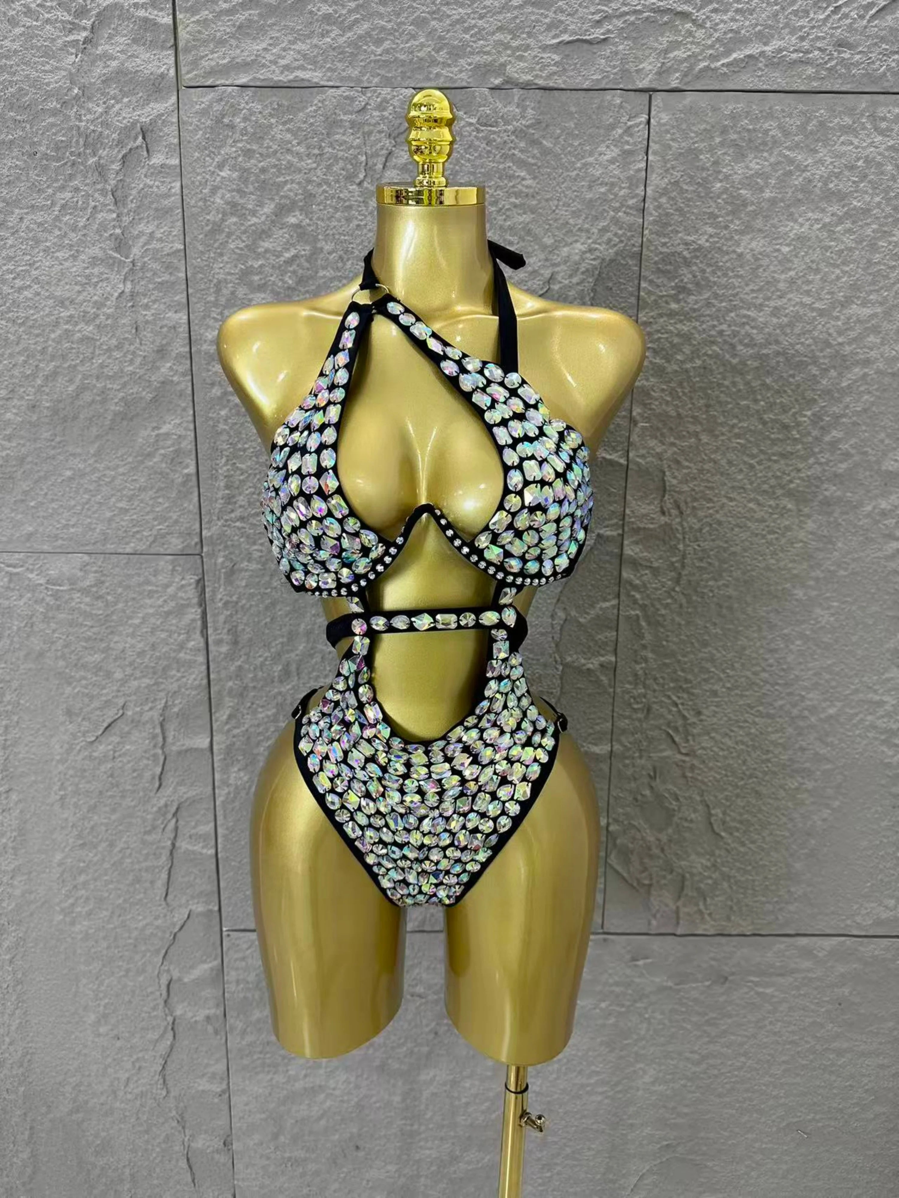 Women Sexy Halter Neck Iridescent Crystal Embellished Cutout Outfit Stage Performance Costume 2026 Luxurious Black Bodysuit A