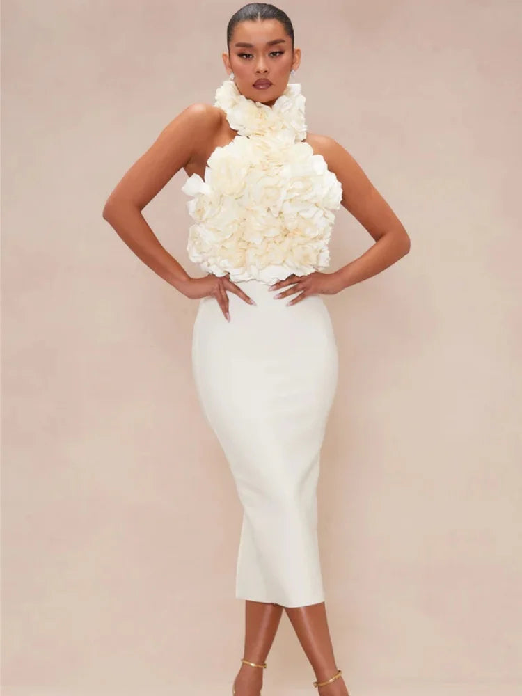 Rosered White Women Sexy Halter Off the Shoulder Backless Bodycon Long Bandage Dress Florals Celebrate Nightclub Party Wear WHITE