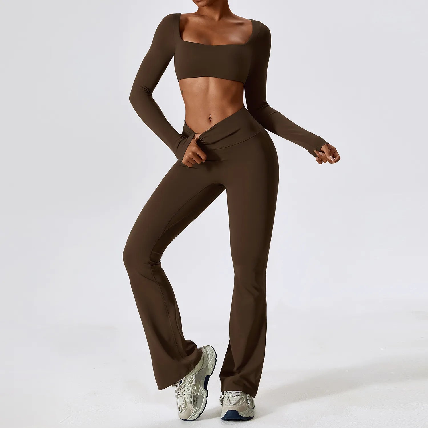 Yoga Set 2PCS Seamless Women Sportswear Workout Clothes Athletic Wear Gym Legging Fitness Bra Crop Top Long Sleeve Sports Suits Jiaocha Coffee Set-3