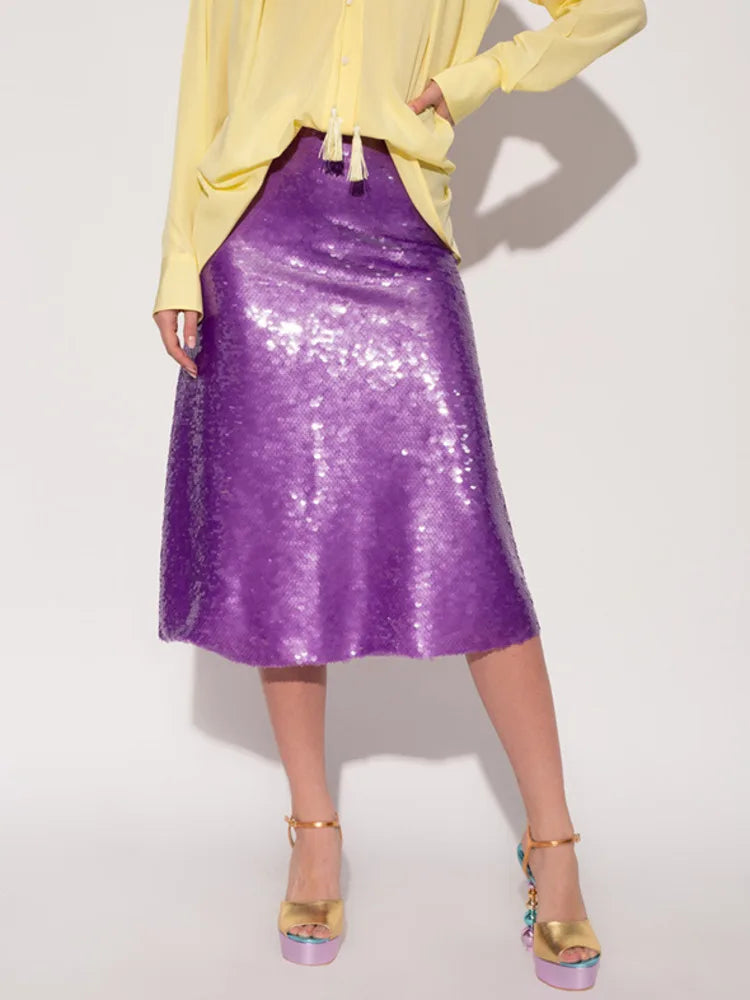 DEAT Fashion Women's Skirt Fit High Waist A-line Sequin Mid-calf Purple Versatile Skirts Female Summer New Tide 17A9008