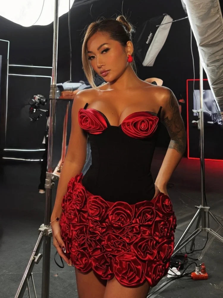 Stereoscopic Red Flower Woman Set Strapless Top And Mini Dress 2 pieces Fashion Woman Evening Party Dress Birthday Party Outfit