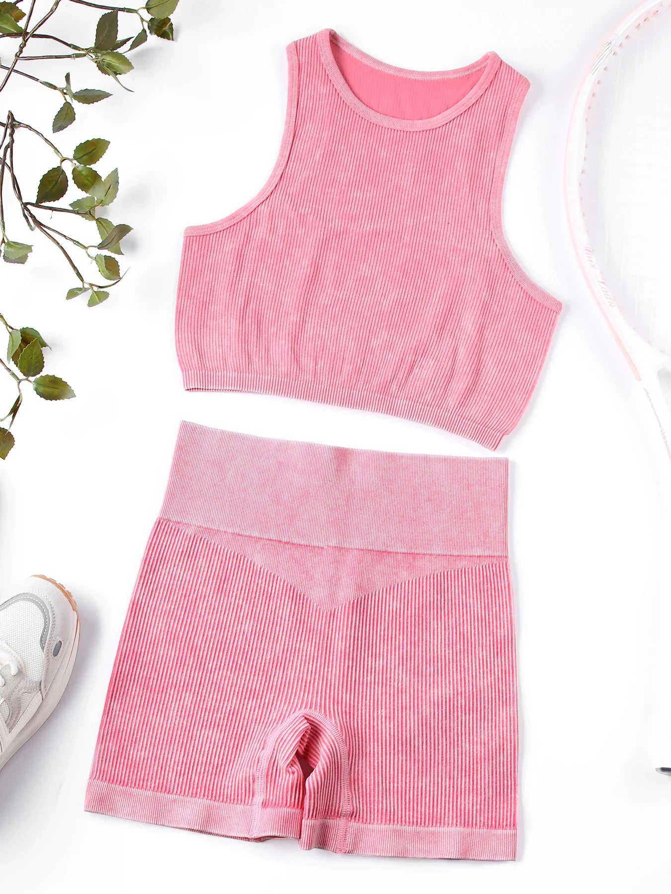 SALSPOR Wash Fitness Summer Sport Outfit for Woman High Waist Stretch Yoga Gym Set Women Activewear Running Outdoors Shorts Sets Pink