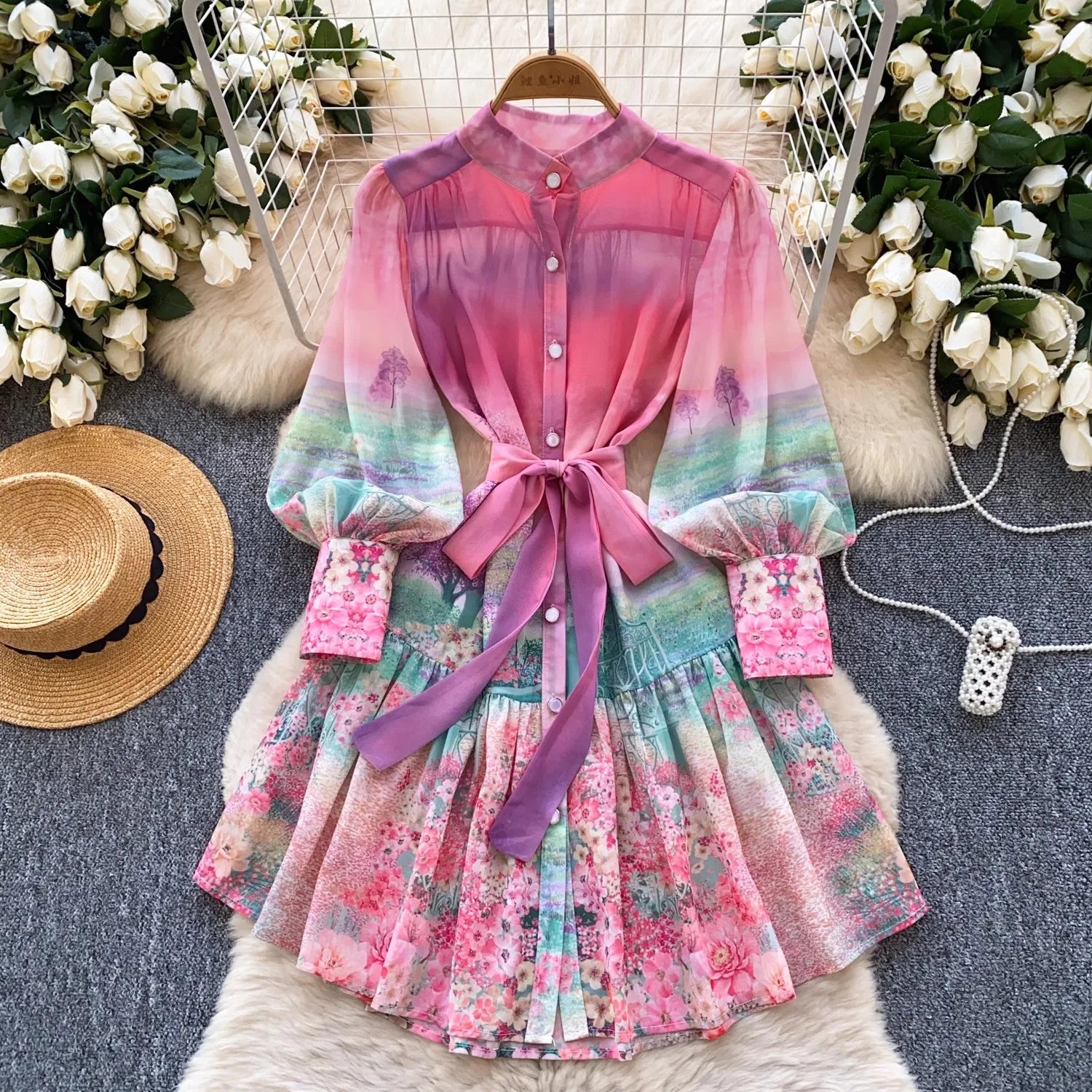 Summer Chiffon Dress Women Sexy Floral Print Ruffle Bandage Holiday Beach Sundress Casual Pink Halter A-line Short Dresses pink