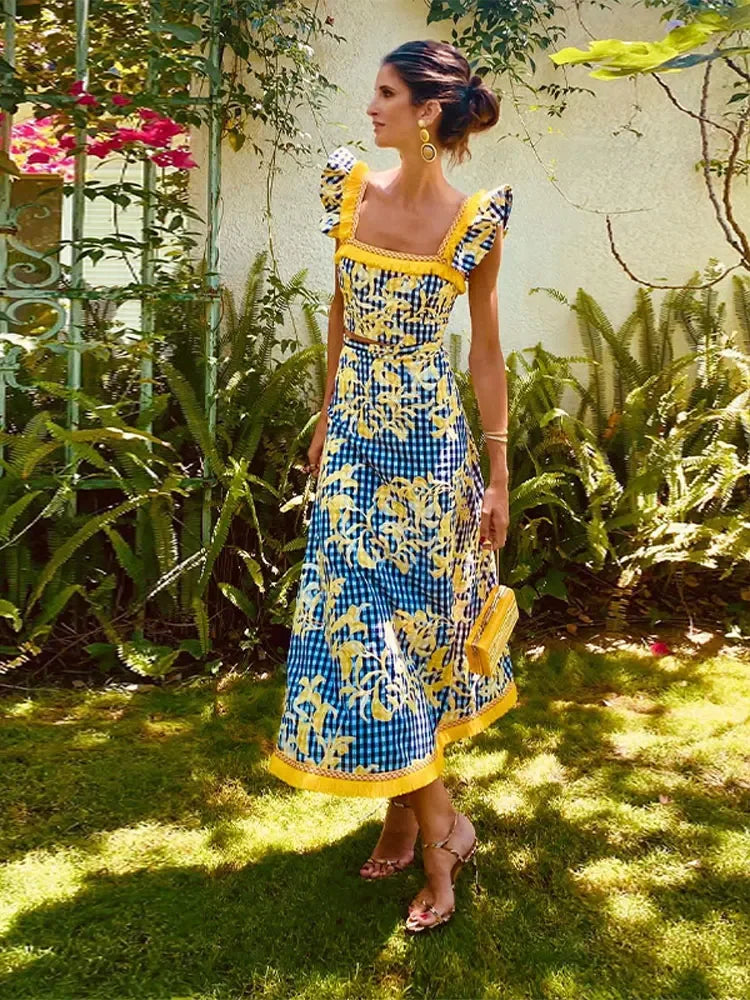 Summer Chic Printed Patchwork Skirt Suit Women Fashion Sling Ruffles Top Printting Set New Elegant Female Streetwear Sets