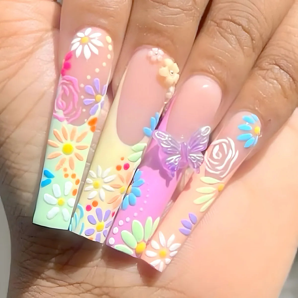 24Pcs Wearable False Nails with Rhinestone Long Square Press on Nails French Pink Flower 3D Bow Design Fake Nail Manicure Tips 370
