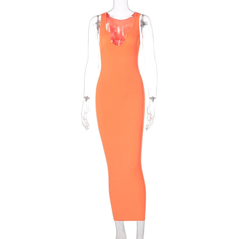 Sifreyr Ribbed V Neck Tank Long Dress Women Solid Sleeveless Bodycon Maxi Dress Sexy Streetwear Party Club Outfits Slim Sundress Orange