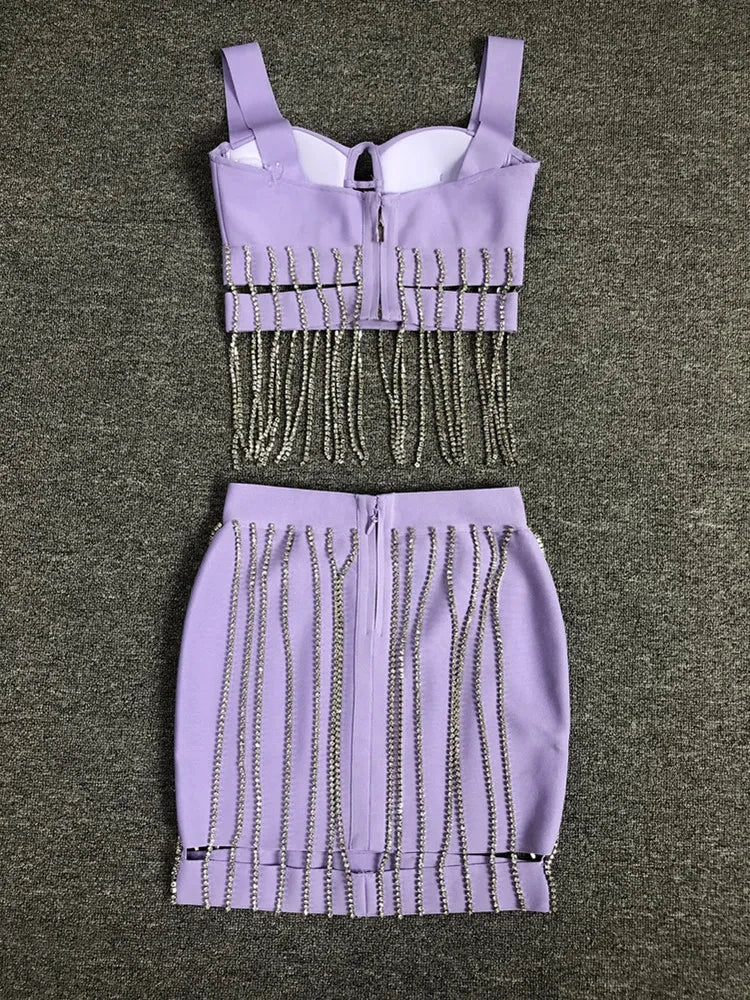 Women Summer Sexy Square Collar Purple Diamonds Sparkly Bodycon Bandage Skirt Set Knitted Elegant Evening Club Party Dress