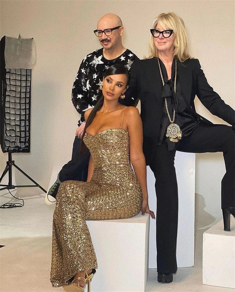 Gold Shining Sequins Spaghetti Strap Flare Pants Jumpsuit Fashion's Sexy Woman Party Outfit Cocktail Party Vestido