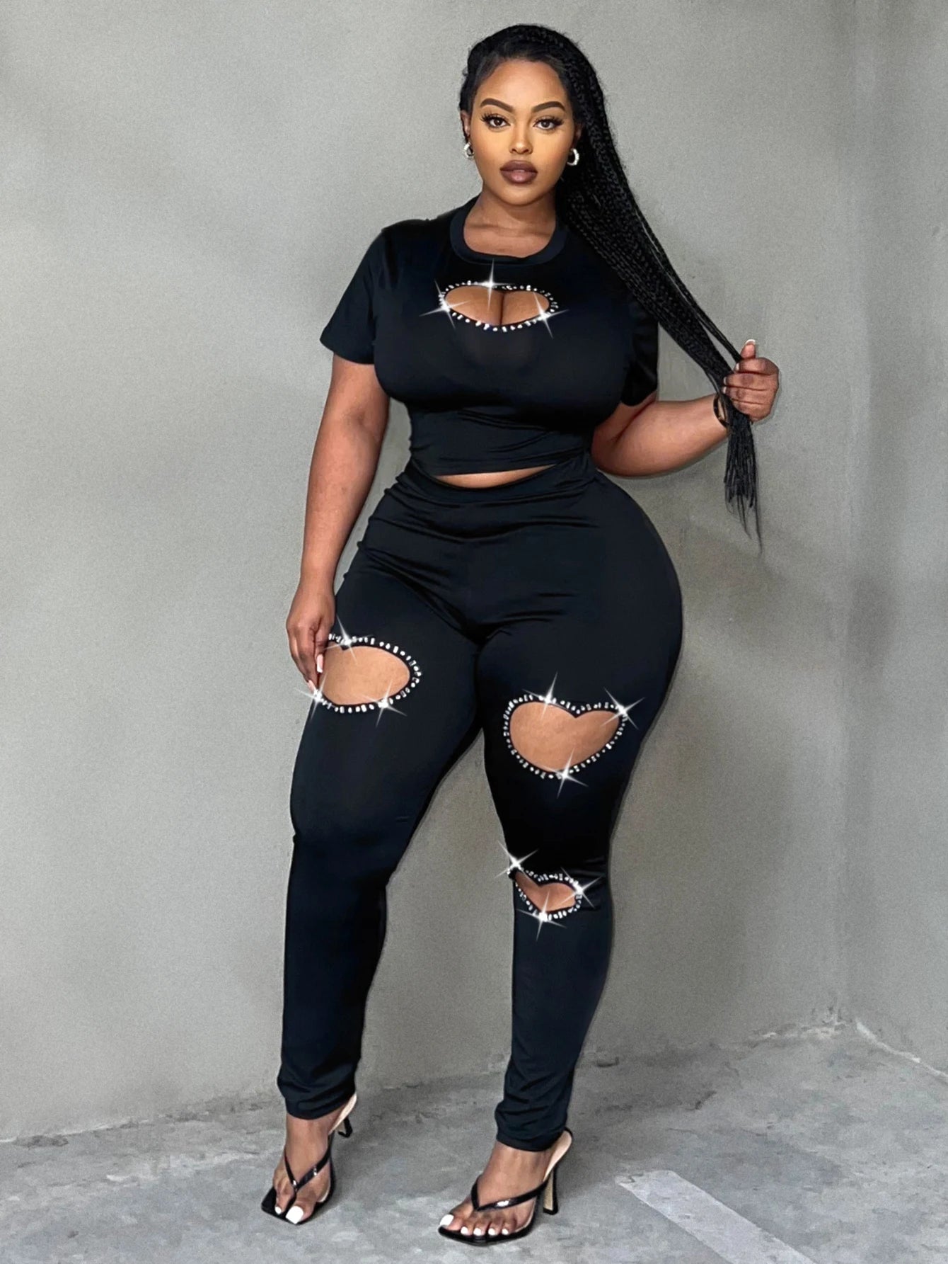 LW Plus Size Two pieces sets short sleeve Rhinestone top + Heart Cut Out Pants Set casual women‘s matching suit Autumn NEW black