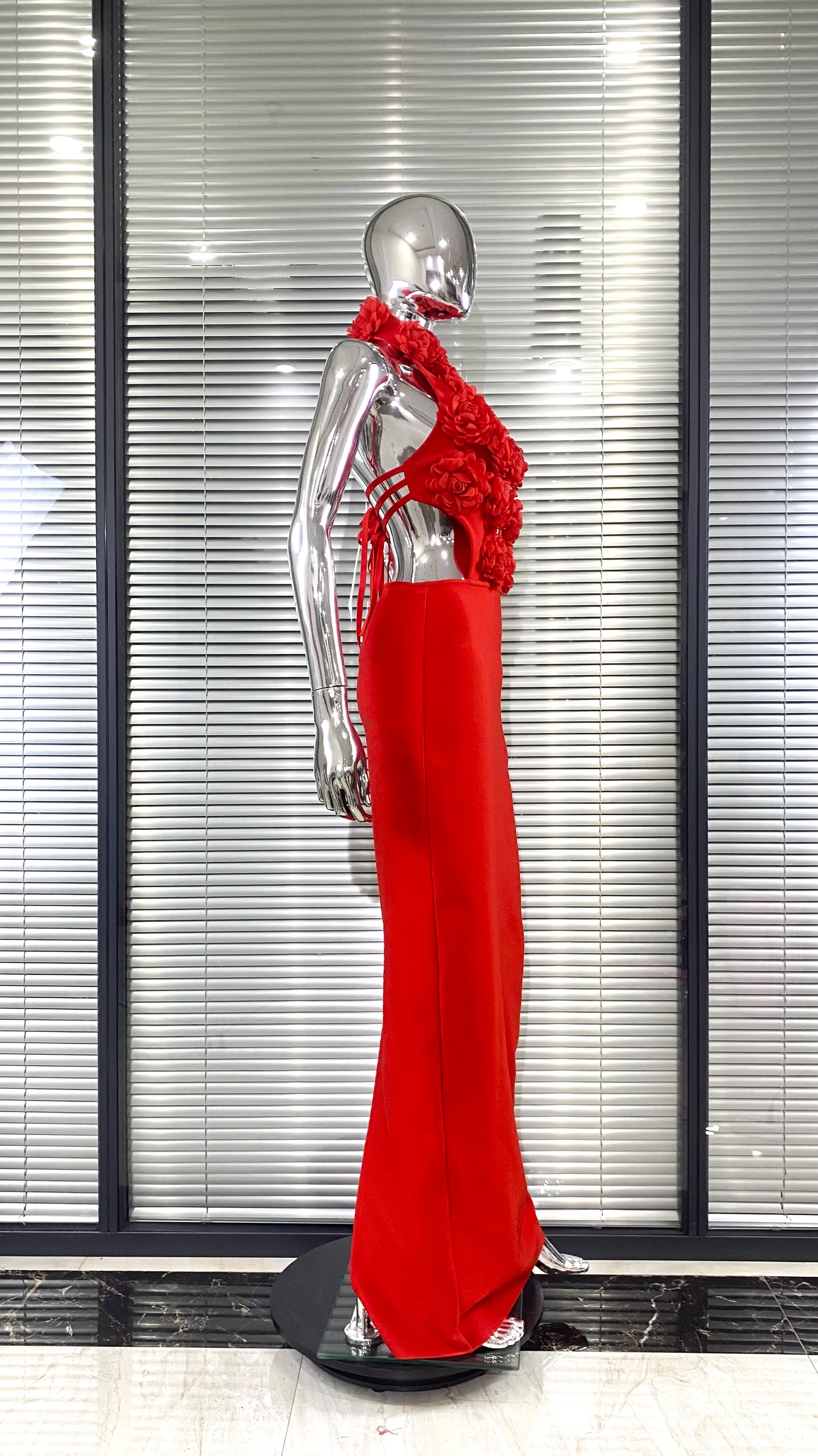 Red Color Women Sexy Halter Backless Off the Shoulder Florals Bodycon Long Bandage Dress Wedding Mermaid Celebrate Birthday Wear