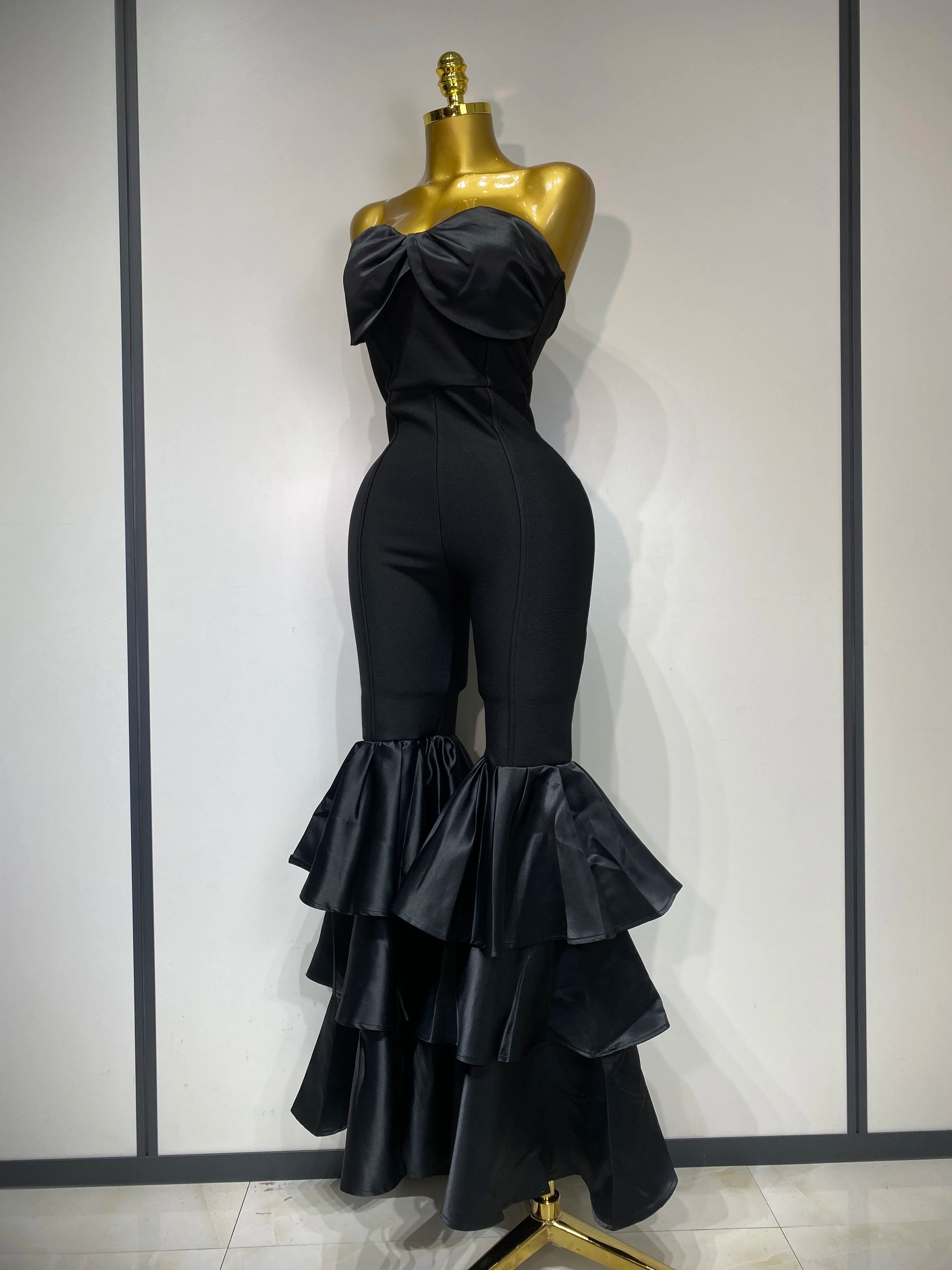 Women Luxury Birthday Sexy Strapless Ruffles Bodycon Flare Black Bandage Jumpsuit 2025 Celebrity Designer High Street Rompers