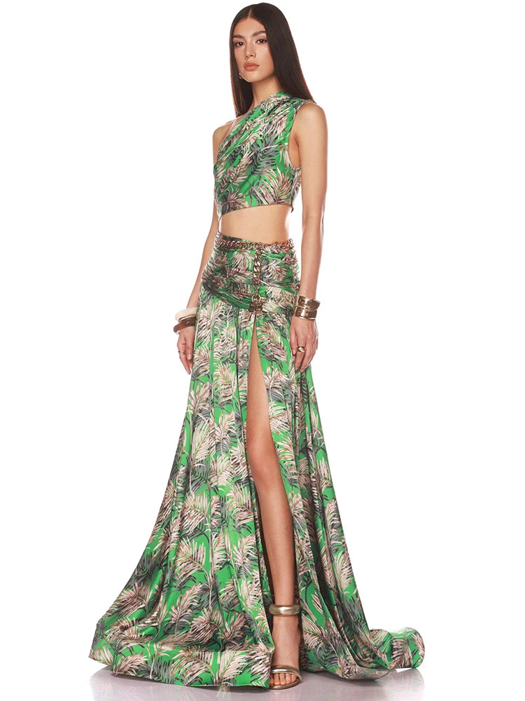 Stylish Green Print Ensemble One-Shoulder High Slit Two-Pieces Dress Set for Summer Galas