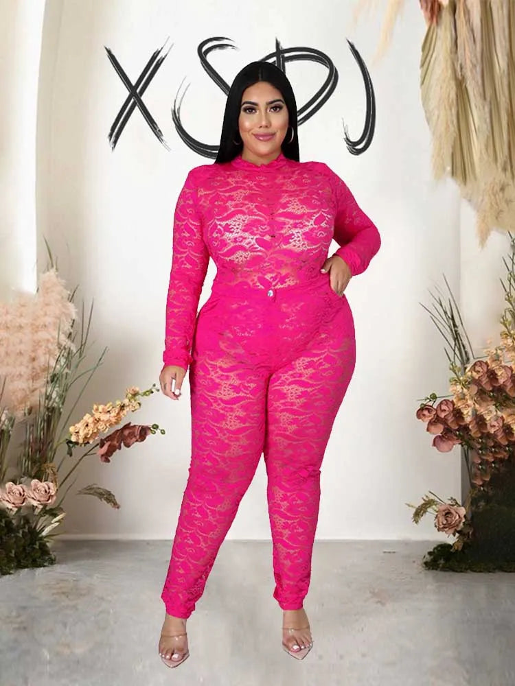 Chic and Elegant Woman Set Night Club Wear Plus Size Women Hot Outfit Transparent Lace Bodysuit and Pants Sexy Festival Outfit