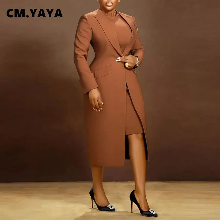 Women's Set Full Sleeve Long Blazer Coat+ Long Dress Suit 2025 Winter Streetwear Two 2 Piece Set Africa OL Work Outfits