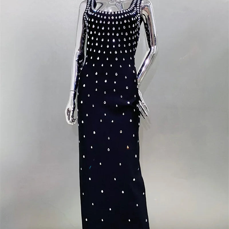 Top Quality Women Sleeveless Sexy O-Neck Shinning Crystal Bodycon Bandage Long Dress Evening Party Celebrate Cocktail Outfit black