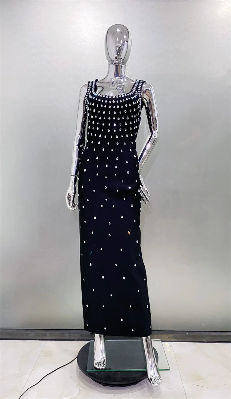 Top Quality Women Sleeveless Sexy O-Neck Shinning Crystal Bodycon Bandage Long Dress Evening Party Celebrate Cocktail Outfit black