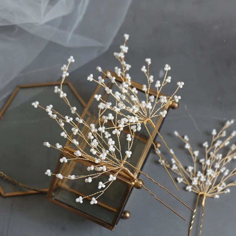 Fabric Floral Bridal Hair Pins Clips Gold Color Pearls Wedding Hair Pieces Women Accessories Handmade TY253