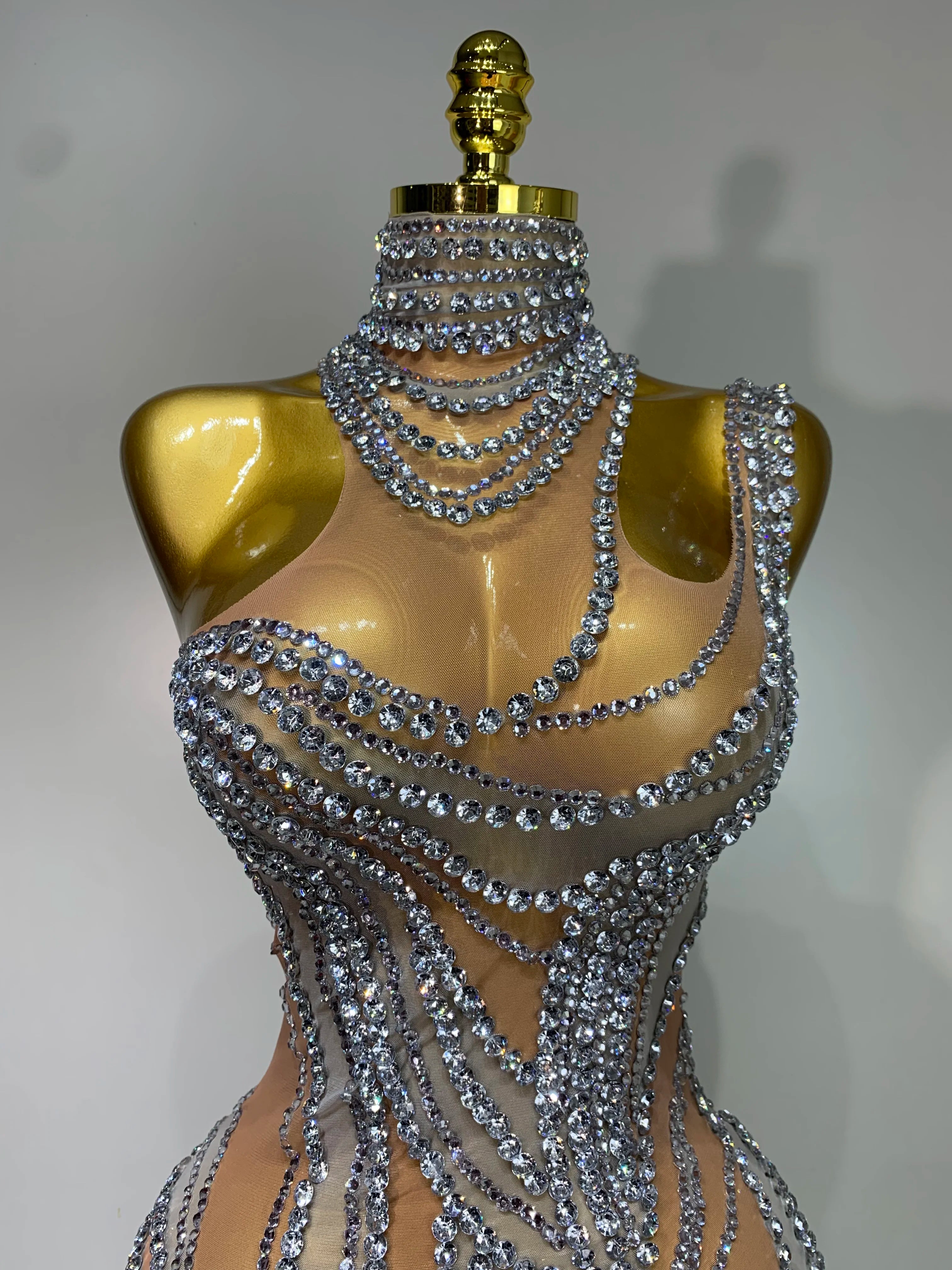 Sparkly Crystals See Through Women Cocktail Dresses Celebrate Birthday Party Gowns Singer Performance Stretch Stage Costume