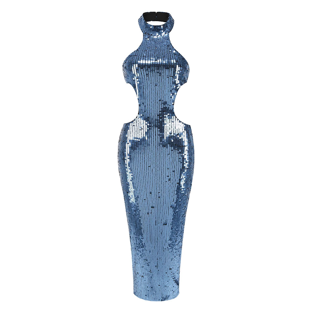 Blue Shiny Sequined Hatler Evening Dress Backless Cut Out Sleeveless Prom Bodycon Wedding Party Cocktail Evening Gown Vestido Blue