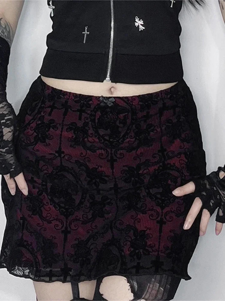 AltGoth Streetwear Elegant Gothic Skirt Women Vintage Emo Alternative Grunge High Waist Flockling Patchwork Mini Skirt Clubwear