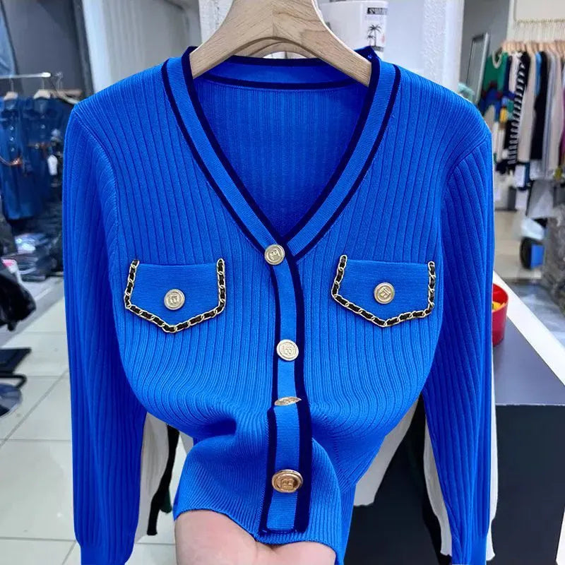 Temperament V Neck Knitting Slim Short Sweaters Spring Autumn New Long Sleeve Button Pullovers Fashion Elegant Women Clothing Blue