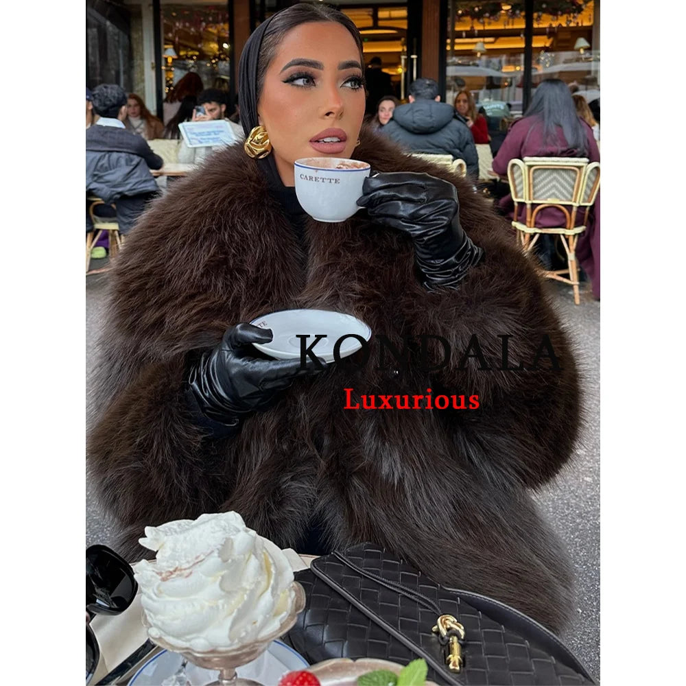 KONDALA Casual Brown Thick Fur Jackets Women Long Sleeve V Neck Autumn Winter Faux Fur Coats Fashion 2025 Streetwear Outwears