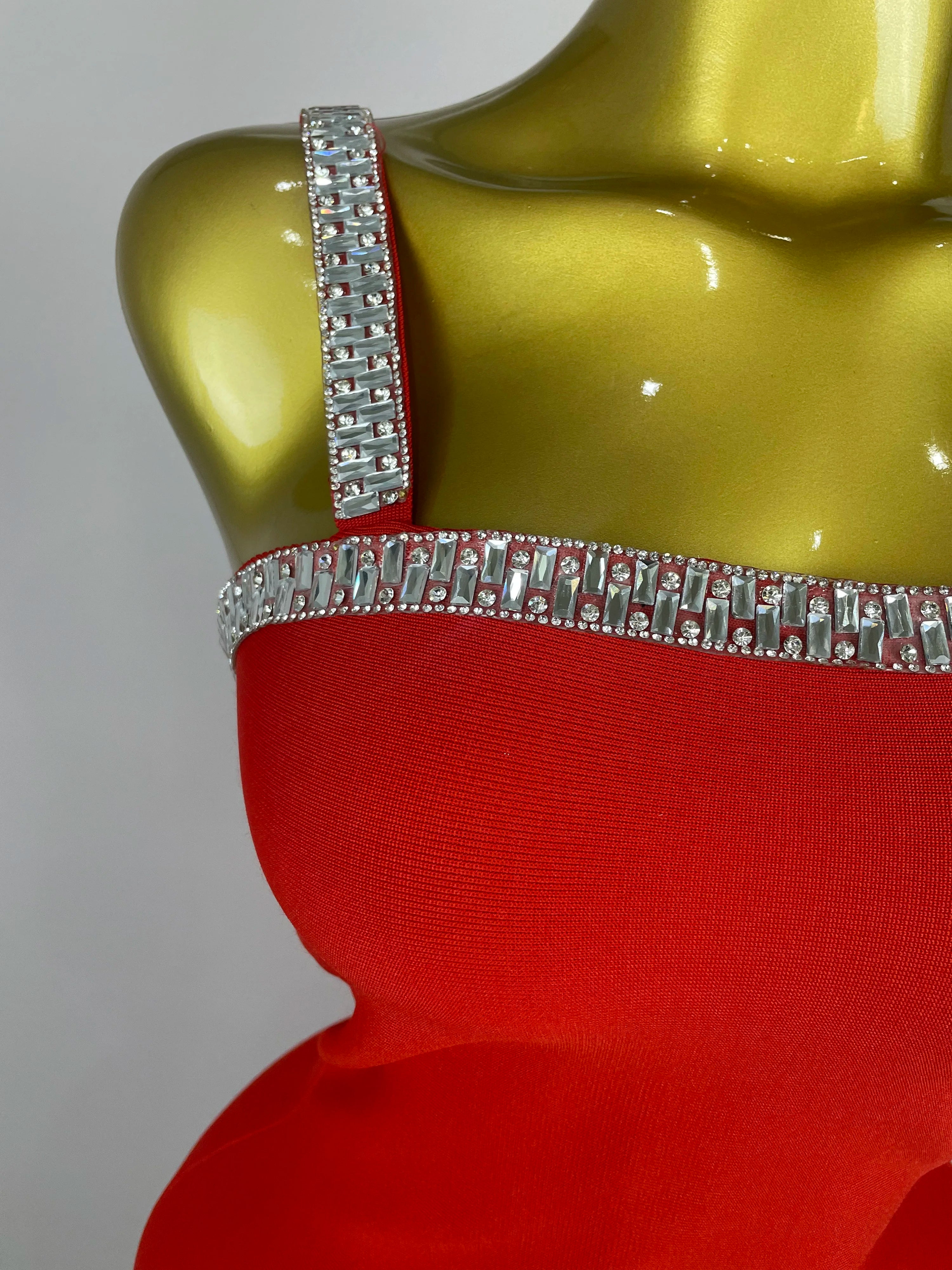 2025 Women Celebrity Luxury Sexy Summer Square Collar Red Crystal Mini Bandage Dress Knitted Elegant Evening Club Party Outfit