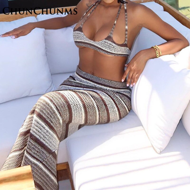 Sexy Low Cut Backless Bra Lace Up Top High Waist Long Skirt Suit 2 Piece Set Women Outfit Vintage Striped Vacation Beach 2024