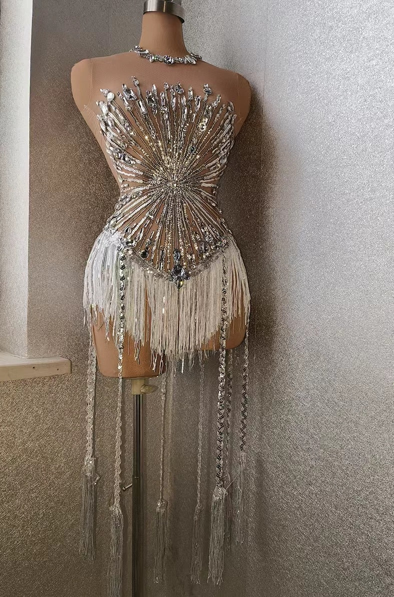 Body Sexy en cristal strass pour femmes, grand pompon extensible, Costume de bal Drag Queen DS, chanteur de scène, danse, justaucorps à franges