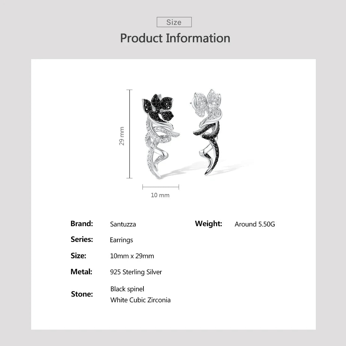 SANTUZZA Authentic 925 Sterling Silver Dangling Earrings For Women Sparkling White Black Flower Party Gift Elegant Fine Jewelry