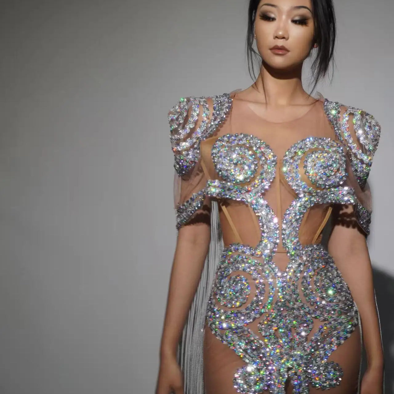 Shinning Sequins Women Sexy mesh See Through Cloak Sleeve Sexy Bodycon Mini Dress Nightclub Party Bar Singer Performance Costume