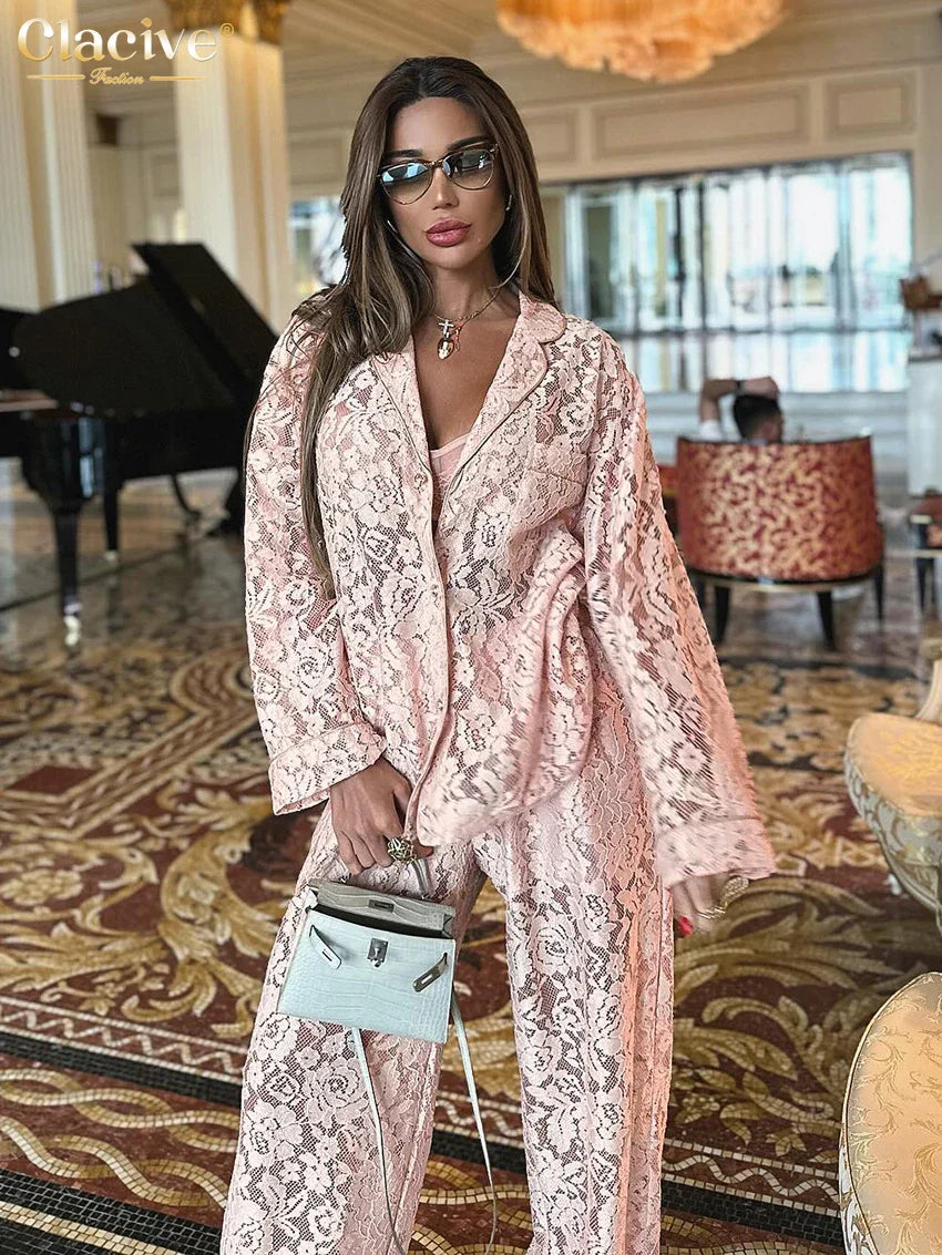 Clacive Sexy Loose Black Lace See Through Trousers Sets Women 2 Pieces Fashion Long Sleeve Shirt With High Waist Wide Pants Set Pink