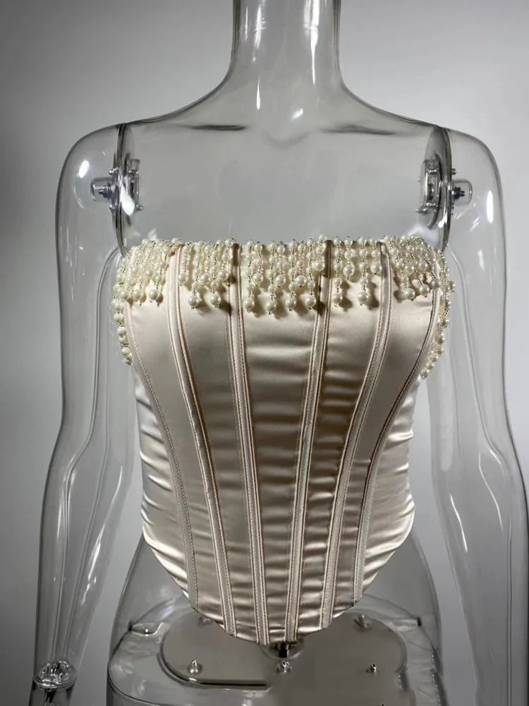 Pearl Tassel Sexy Crop Tops Women Off-shoulder Backless Skinny Corset Tops Femme Satin Fashion Club Party Tops Mujer Milky White