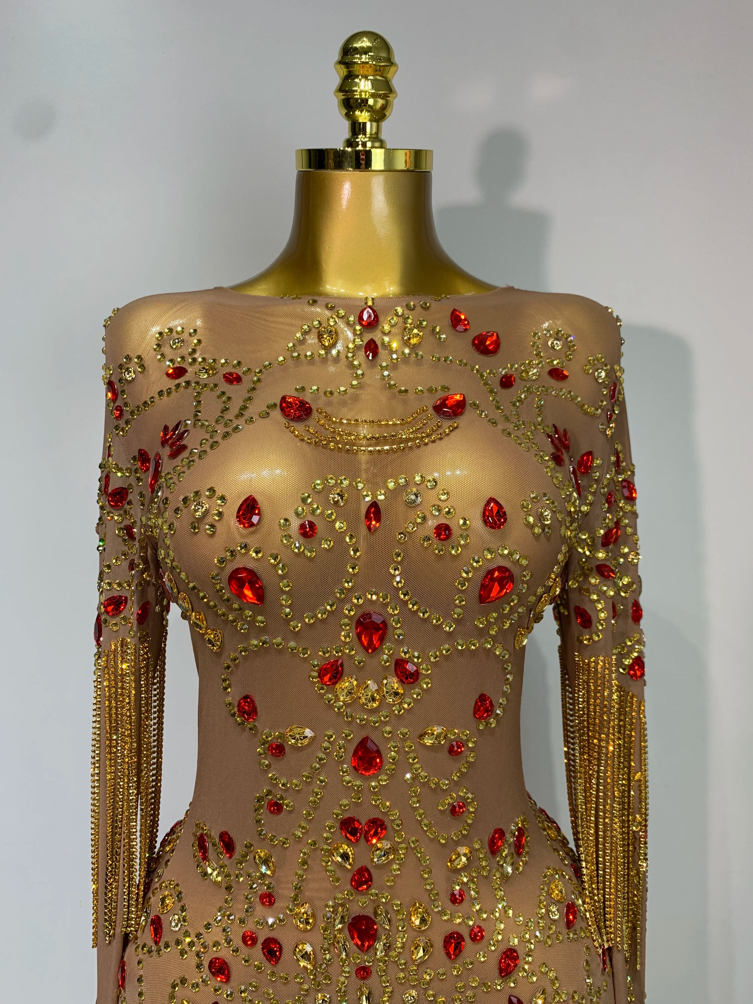 See Through Elastic Mesh Sparkly Rhinestone Stage Performan Costume Luxury Birthday Evening Party Wedding Dress