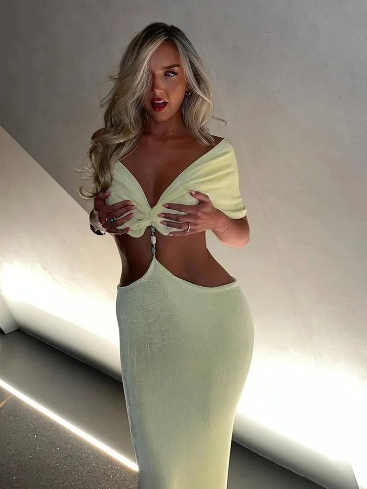 Elegant V Neck Pleating Yellow Maxi Dress For Women Fashion Cut Out Slim Fit High Waist Robes New Summer Holiday Beach Dresses