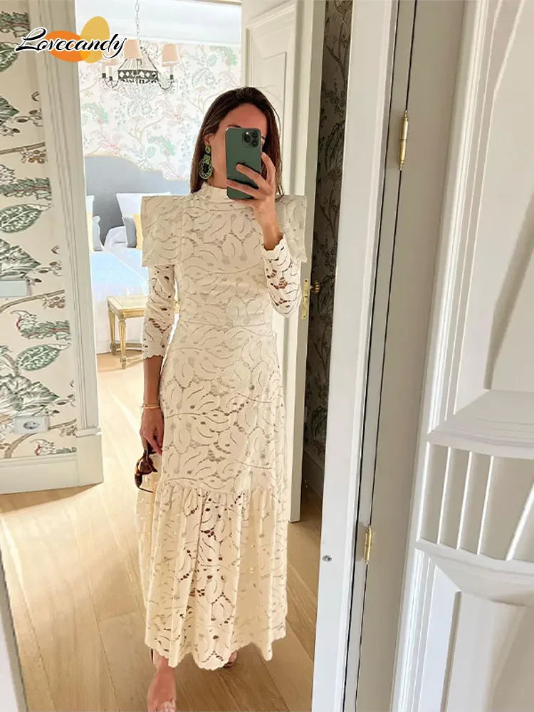 Elegant Hollowed Lace Maxi White Dress Women Fashion Mock Neck Long Sleeved Shoulder Padded Robes 2024 Evening Women's Clothing