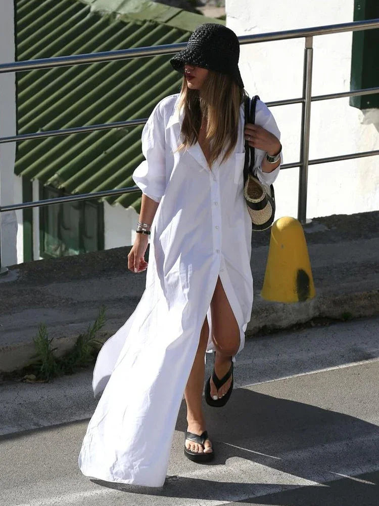 Casual Split Long Sleeved Maxi Dress For Women Elegant Lapel Single Breasted White Dresses Chic Lady High Streetwear Robes