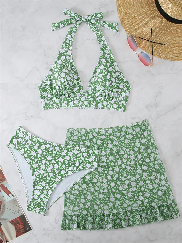 Bikini Women Swimsuit New Print Halter V Neck Bikinis Set Sexy High Waist Swimwear Summer 3 Piece Beach Bathing Suit Female green