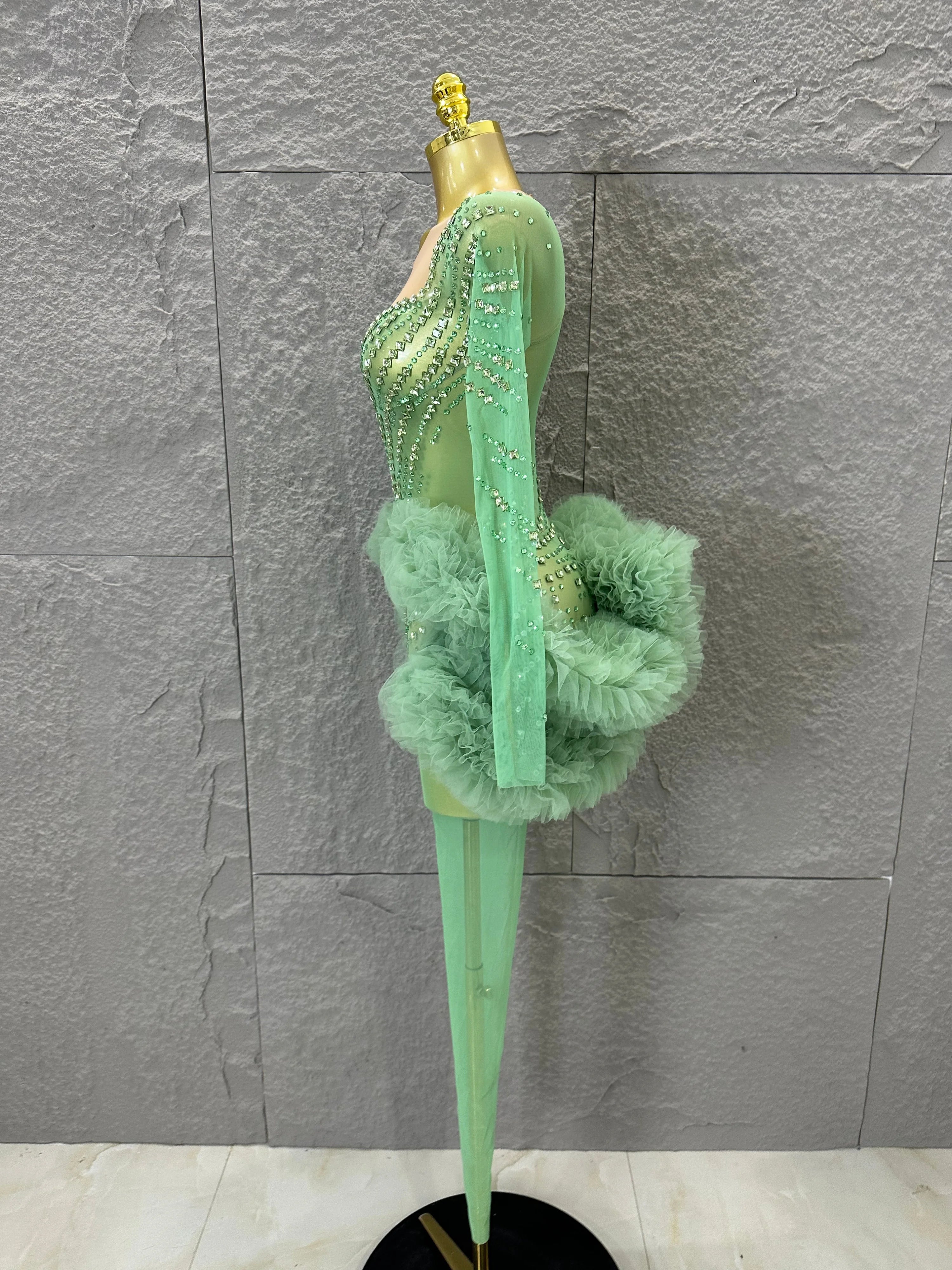 Sparkly Green Long Sleeve Bodysuit Women Stage Performance Sheer Mesh Rhinestone Embellished Ruffle Tulle Latin Dance Costume