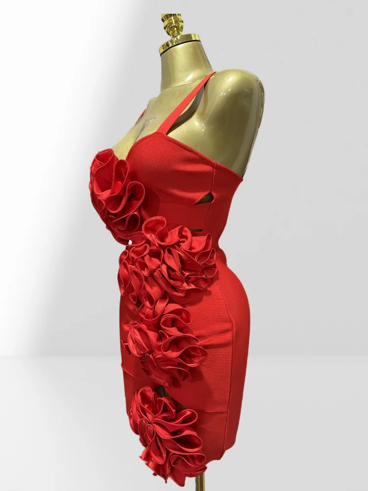 New Summer Stereoscopic Flowers Sexy Hollow Out Spaghetti Red Bandage Mini Dress Sweet Woman Party Dress Birthday Party Vestido