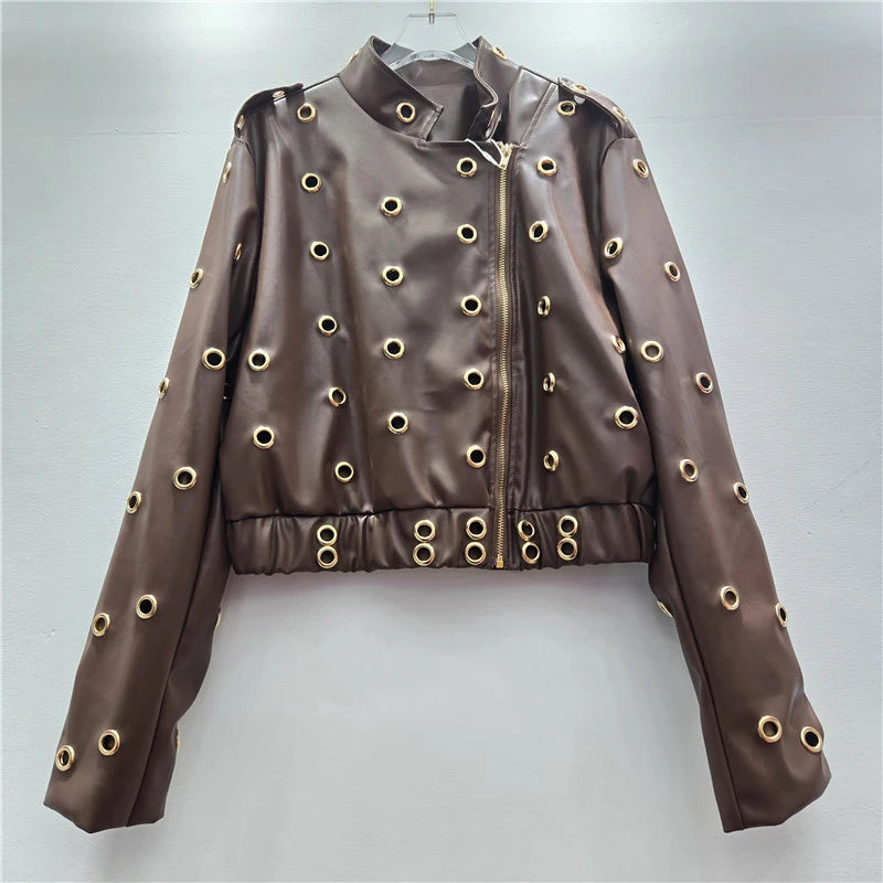 Autumn Winter New Fashion Hollow Metal Circle Stand Collar Zipper Long Sleeve Leather Jacket For Women Trendy 11A07639 Coffee One Size
