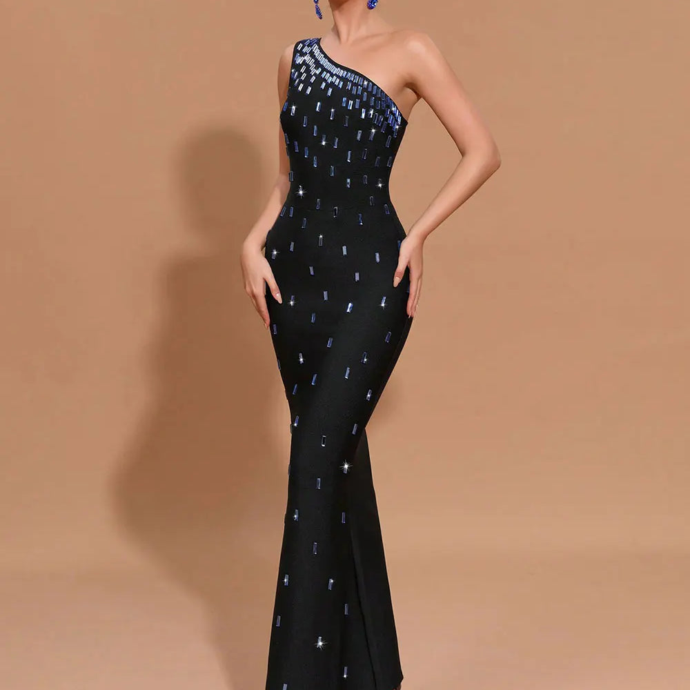 2024 Sexy Women Light Luxury Nail Bead Bandage Dress One Shoulder Slant Neck Sleeveless Bodycon Tail Dress Evening Party Vestido