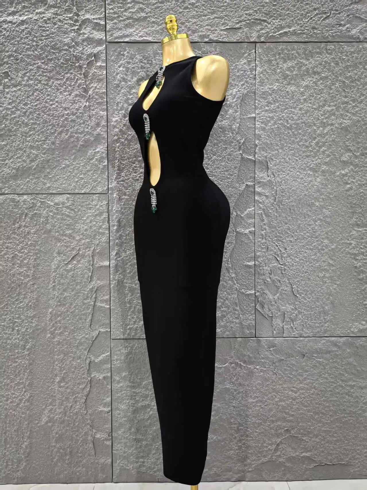 Top Quality Women Sleeveless Sexy Keyholes Shinning Diamond Bodycon Long Bandage Dress Evening Party Celebrate Cocktail Dress