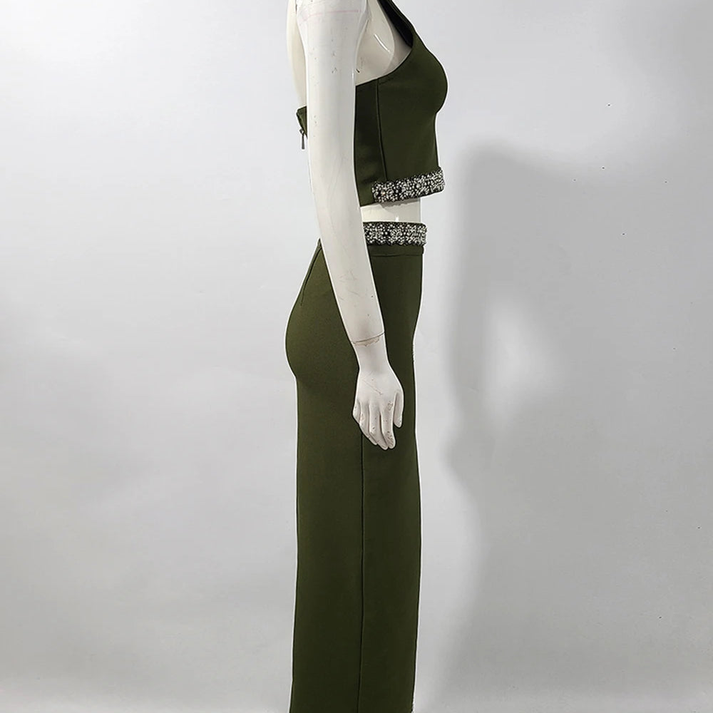2025 Black Army Green Bandage Two Pieces Sets Sexy Diamond Bead Halter Top Long Skirt Women Bodycon Clothing Elegant Party Sets