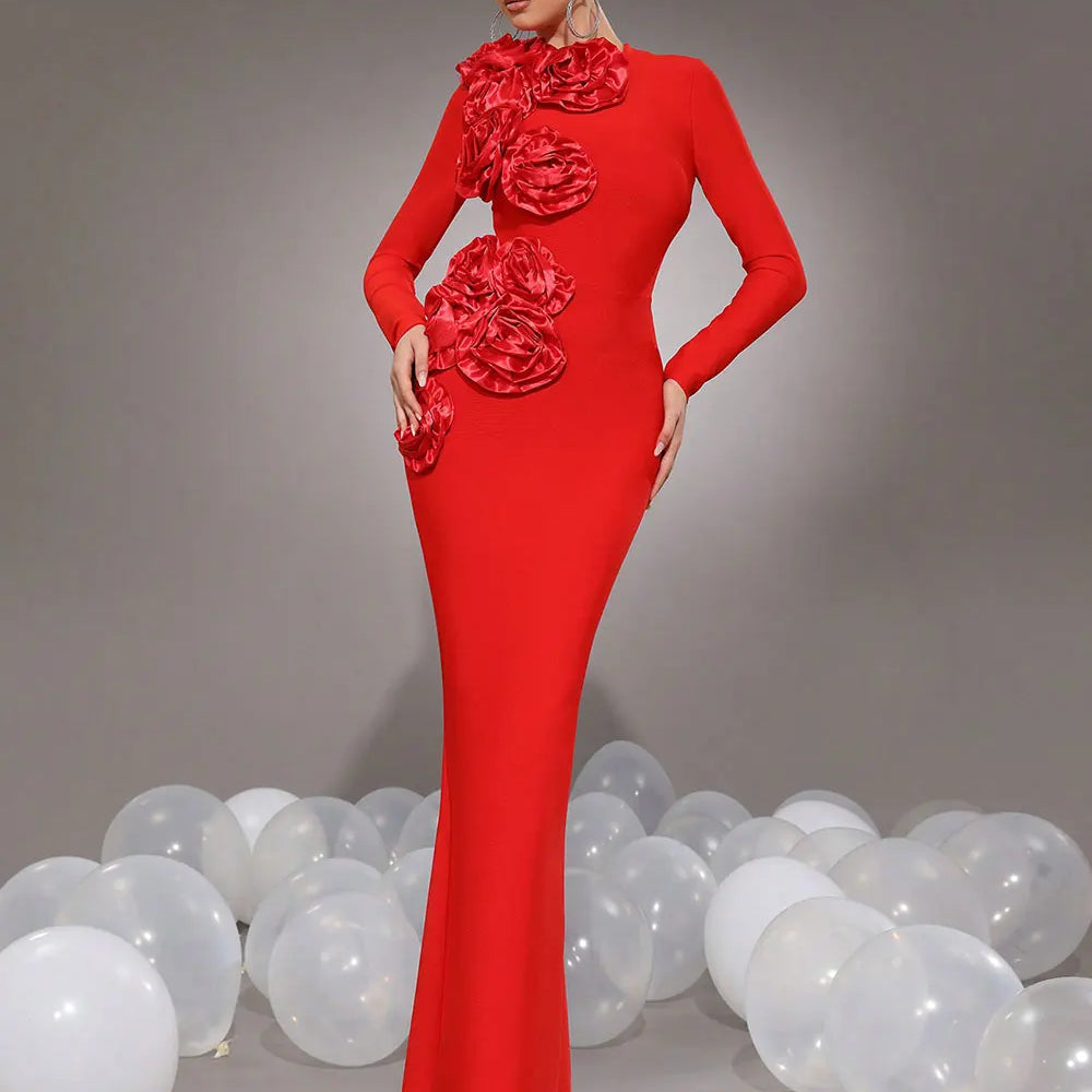 2025 Elegant Women's 3D Flower Decorative Bandage Dress O-neck Long Sleeve Bodycon Long Dress Cocktail Evening Party Vestidos