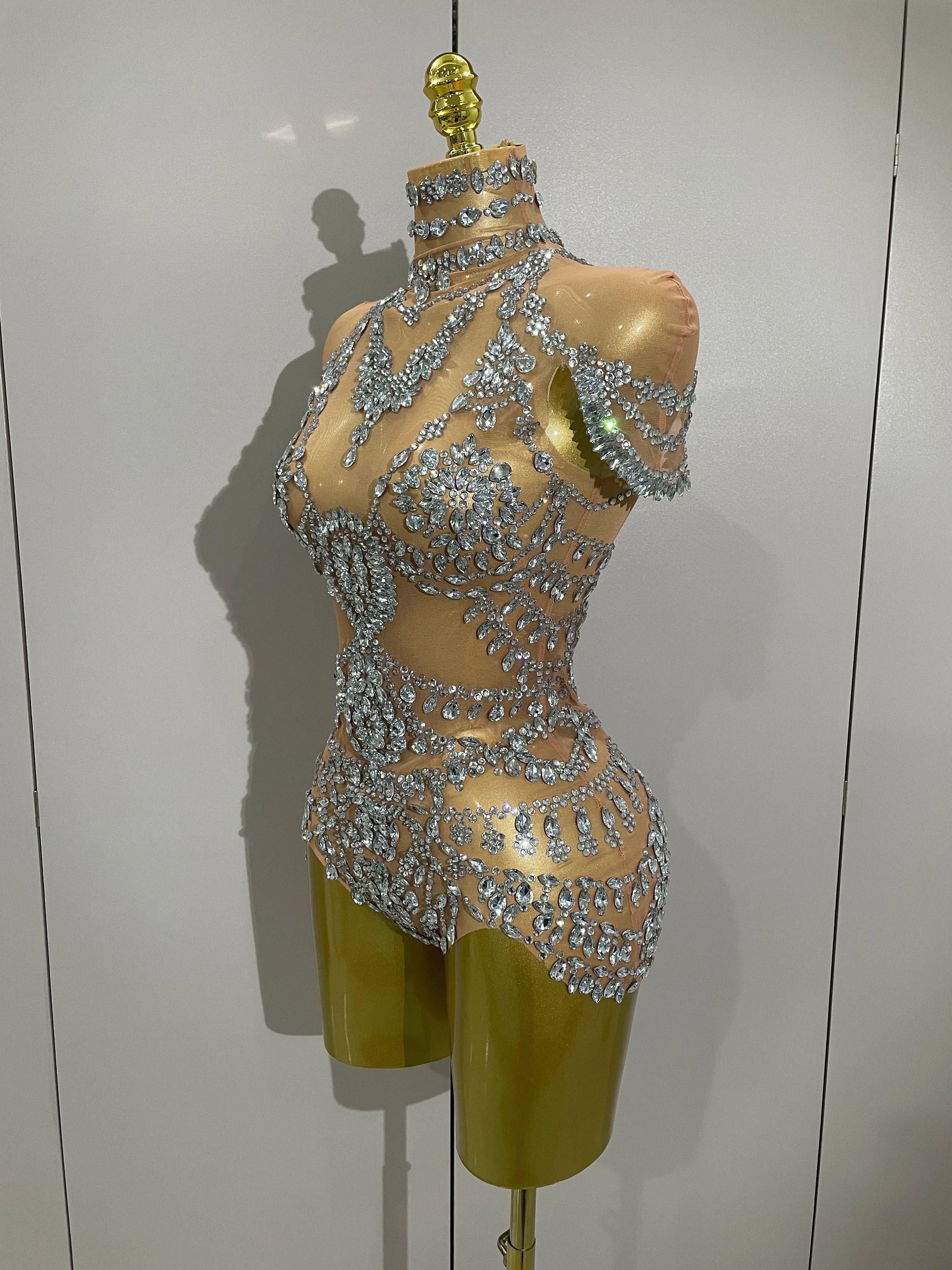 2025Stage Costume Luxury Rhinestones Sexy See-Through Sheath Bodysuit Evening Party Bar Nightclub Singer Dancer Performance Wear