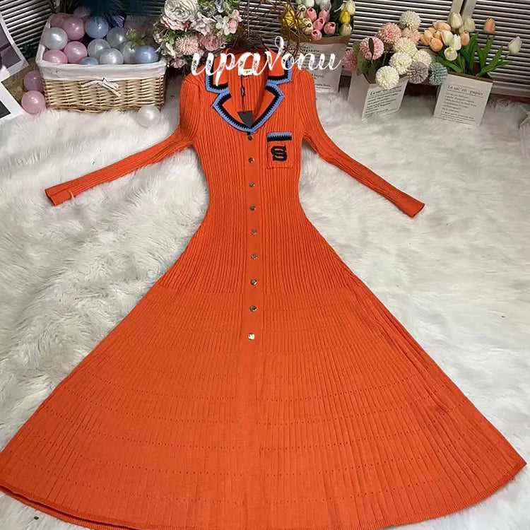 Elegant Women's Slim Fit Knitted Dress Fashionable Polo Neck Short Sleeve Single breasted Design Split Knitted Mid length Dress Orange